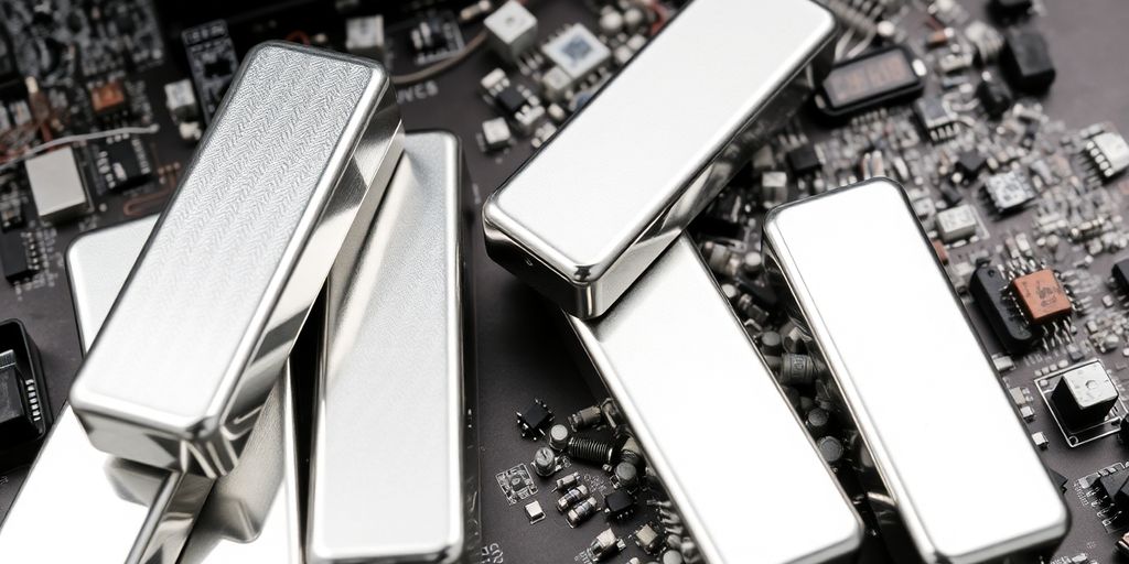 Lingots d'argent et composants électroniques entrelacés.