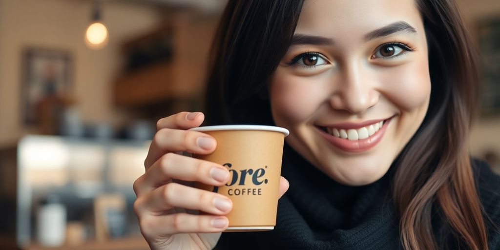 Woman holding Fore Coffee cup, smiling.
