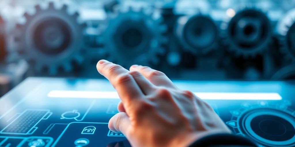 Digital interface, person, and gears.