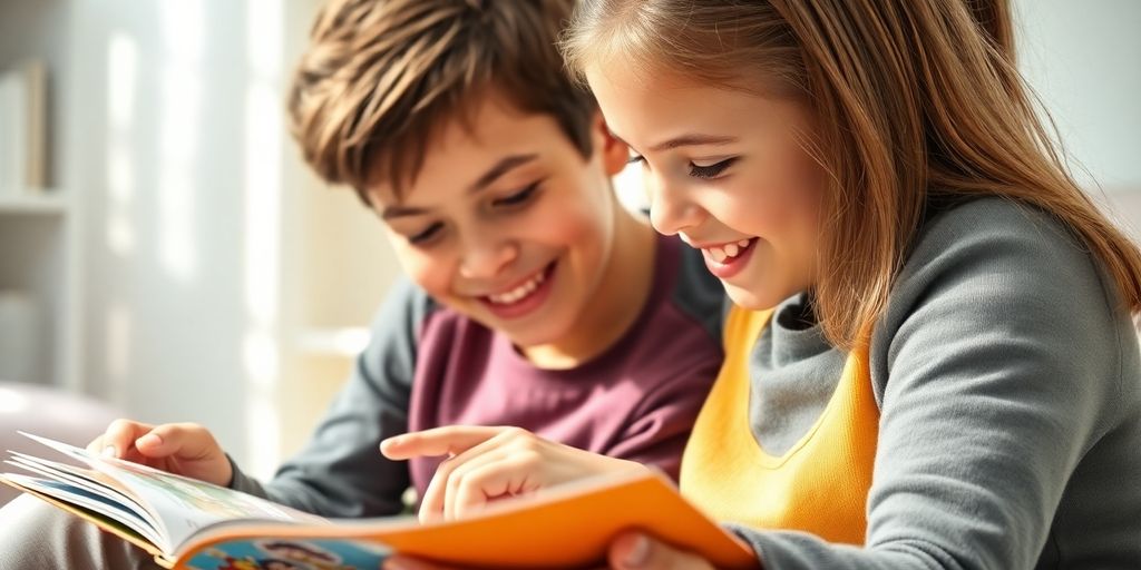 Parent and child reading together, smiling.