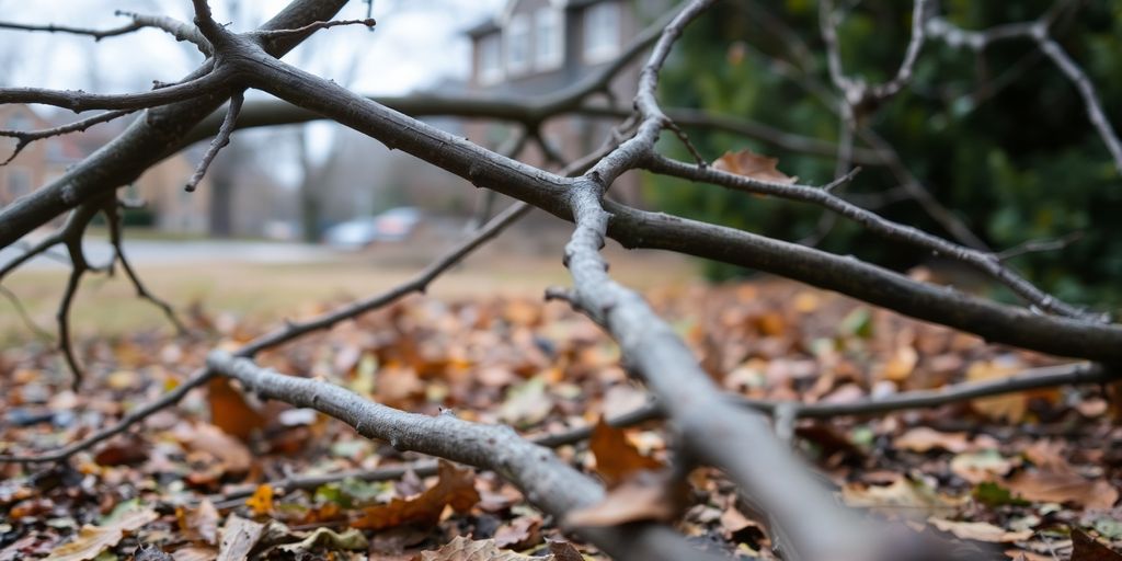 Damaged tree branches and scattered leaves after a storm.