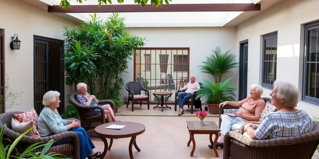 Casa de repouso aconchegante com idosos felizes.