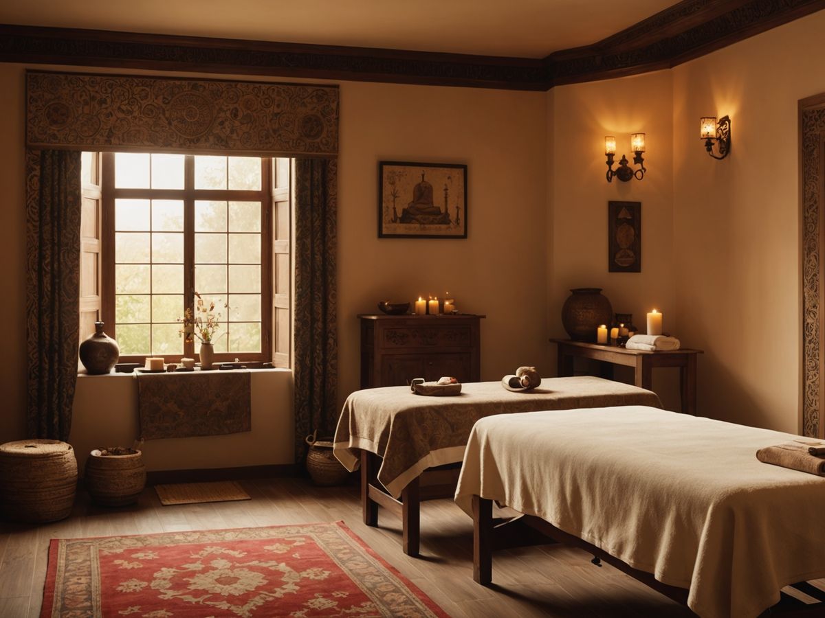 Serene spa with massage table and Turkish decor.