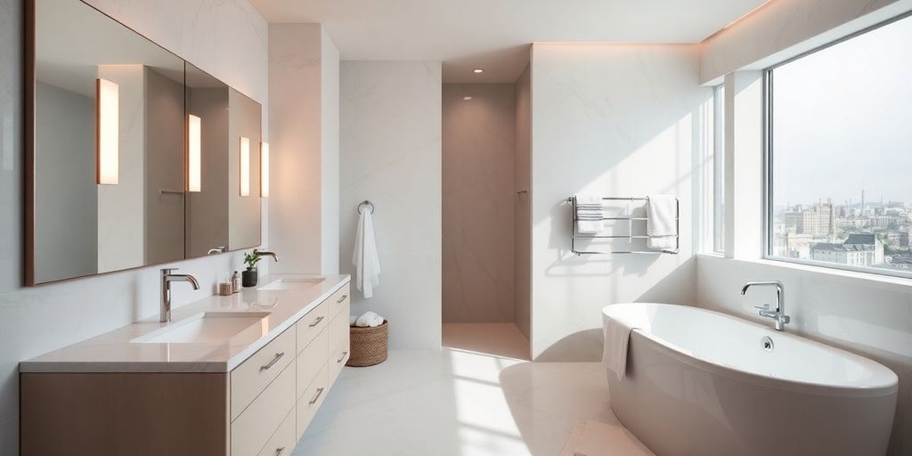 Modern renovated bathroom with stylish fixtures and lighting.