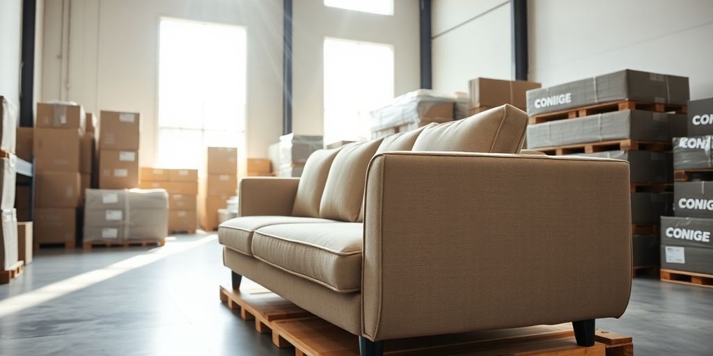 A new custom sofa partially uncrated in a shipping warehouse.