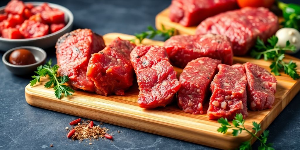 Assorted cuts of red meat on a wooden cutting board.