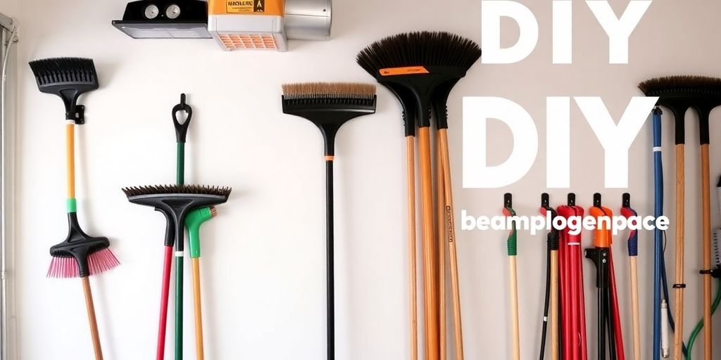 Organized rakes on hooks in a tidy garage.
