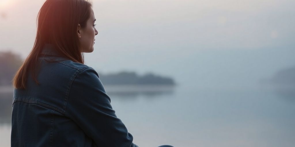 Person reflecting beside a calm lake.