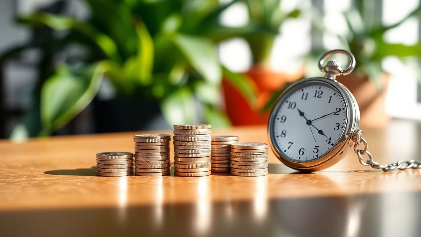 Stacked coins and pocket watch on wooden table