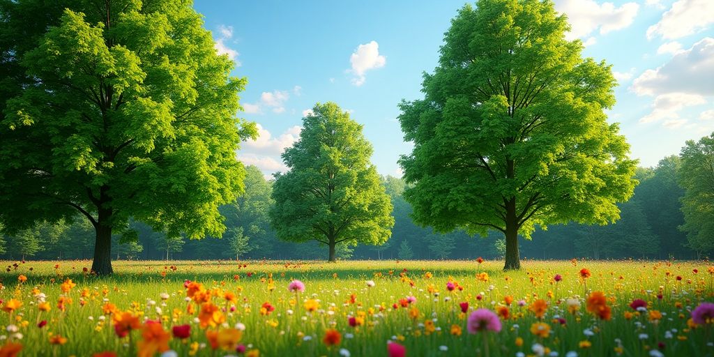 Friska träd i Uppsala park omgiven av blommor.