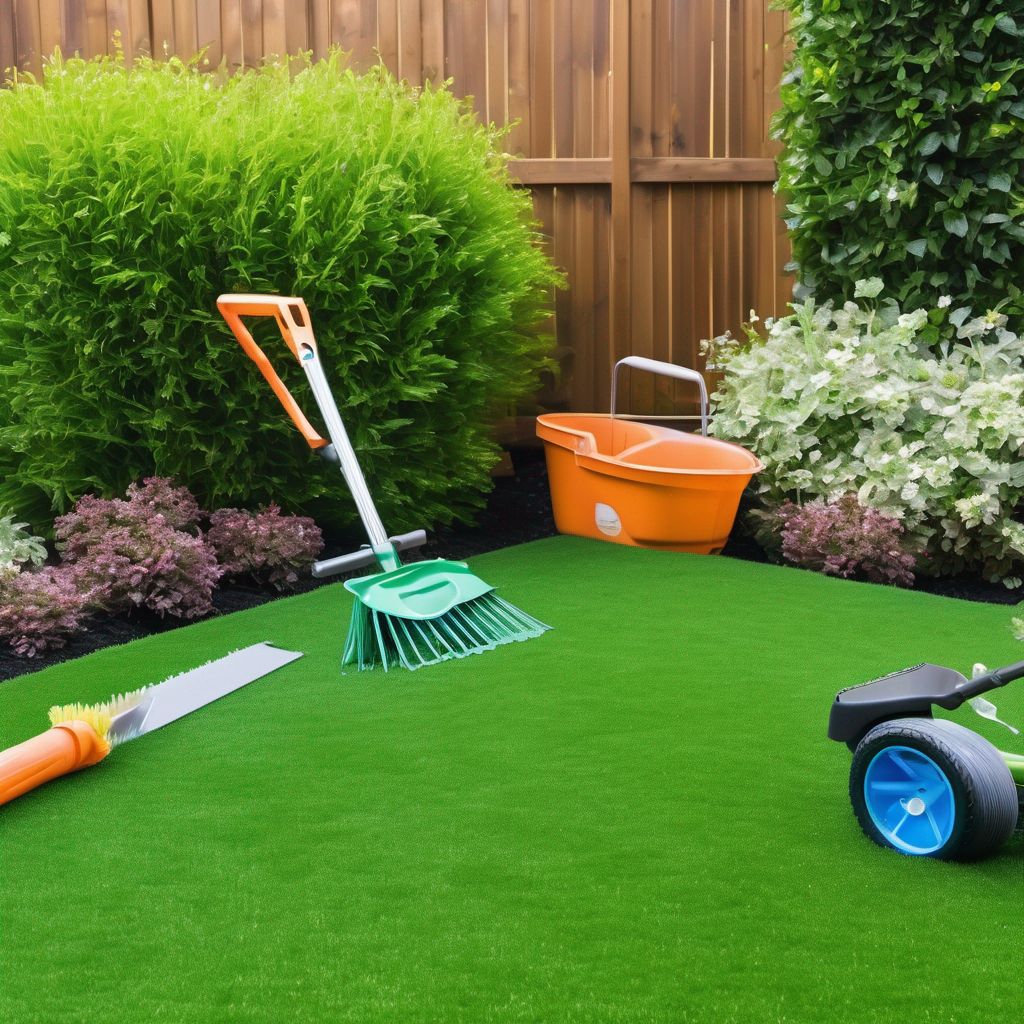 artificial grass lawn with gardening tools and chemical-free sign