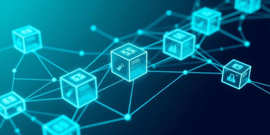 Blockchain nodes connected in a digital ledger.