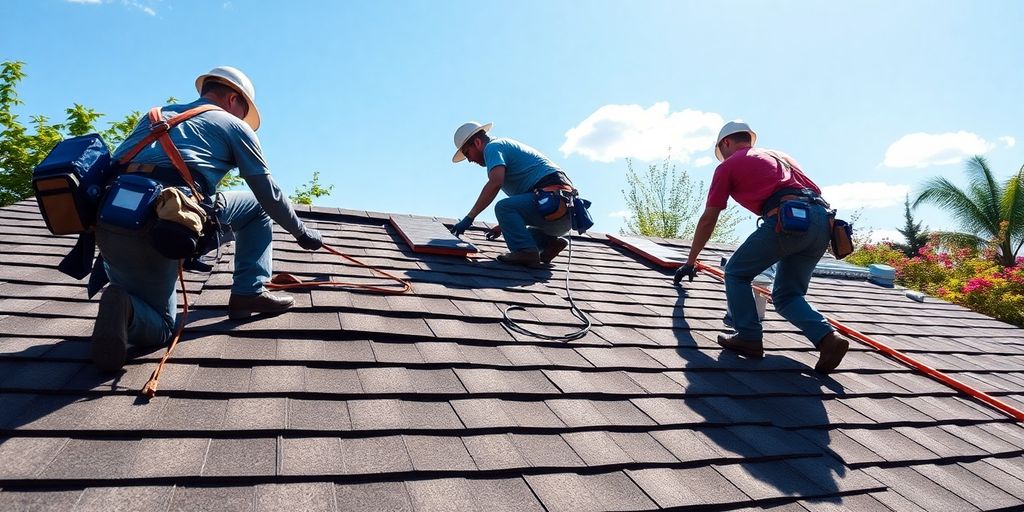 Roofers working on a roof under a bright summer sun.