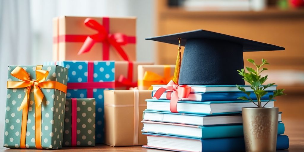 Thoughtful graduation gifts, cap, books, and green plant on table.