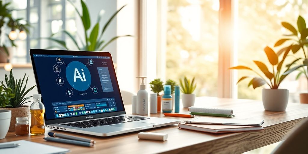 Modern workspace with laptop and product samples.