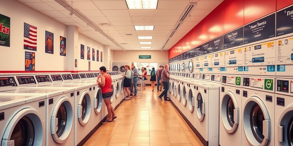 Interior of a busy laundromat with customers doing laundry.