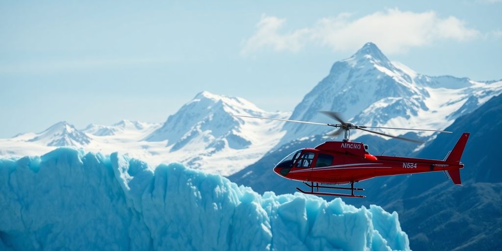 A red helicopter flies over a vast Alaskan glacier.