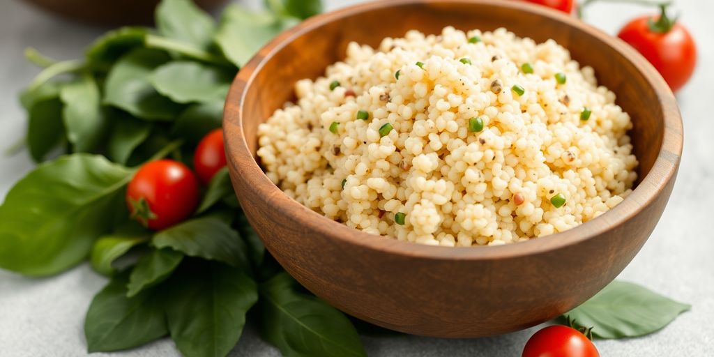 Cooked quinoa in a bowl with fresh vegetables.