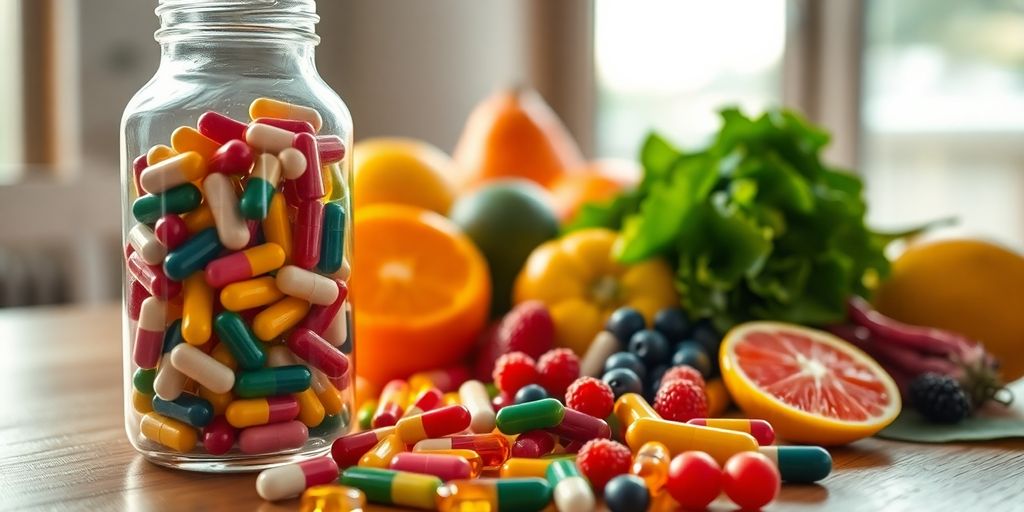 Colorful vitamins in a bottle, healthy food next to it.
