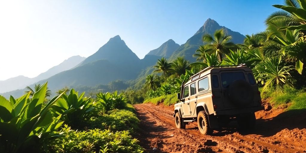 Raiatea 4x4 parcours off-road végétation luxuriante montagne.
