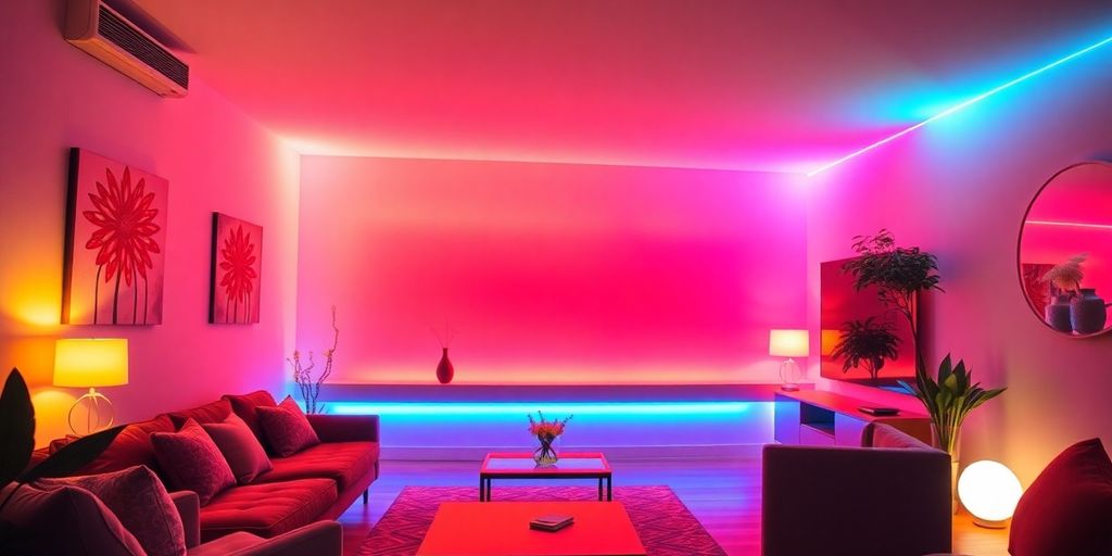 Vibrant neon glow illuminating a stylish room interior.