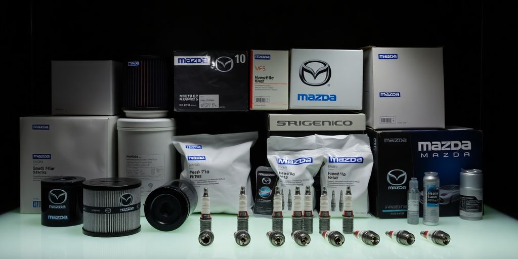 Genuine Mazda spare parts arranged neatly.