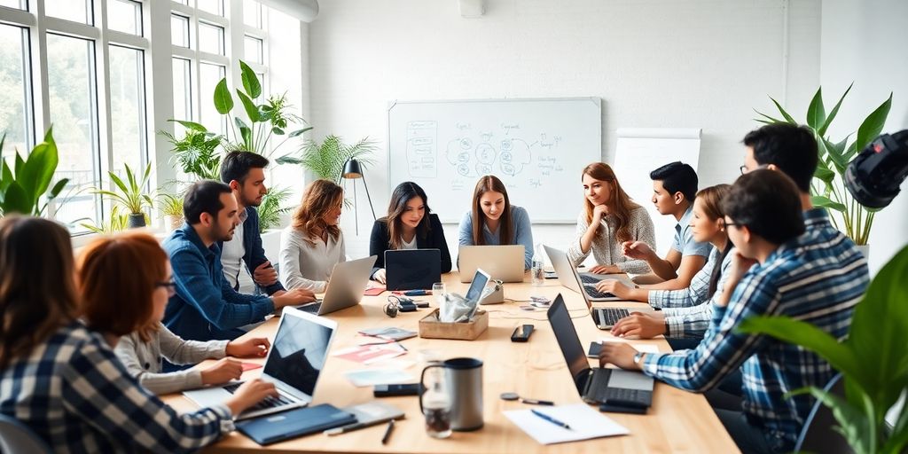 Diverse team collaborating in a bright, modern workspace.