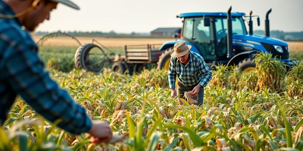 Landwirtschaft in Pfaffenhofen: Personalvermittlung für saisonale Arbeitsspitzen Landarbeiter auf einem Feld mit blauem Traktor