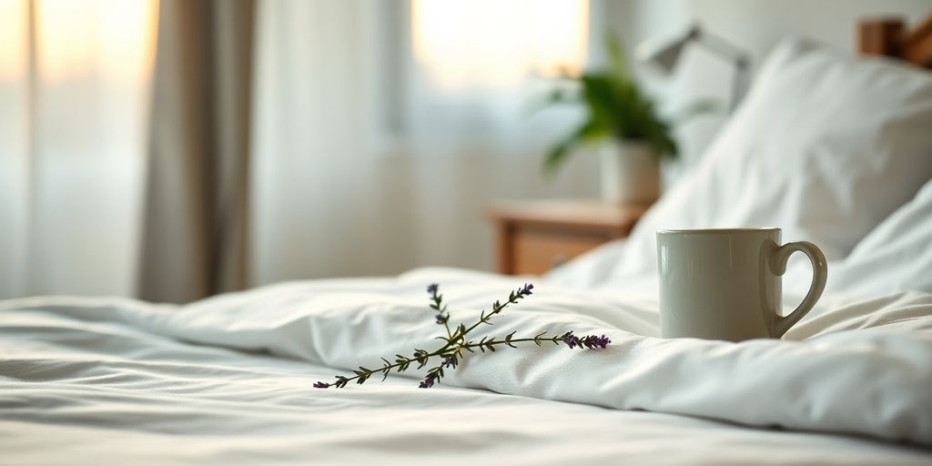 Soft lighting, natural elements promoting sleep