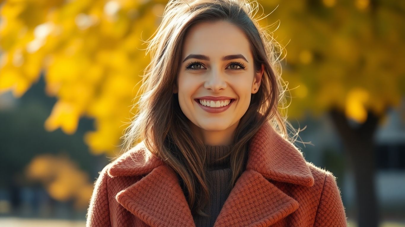 Woman in cozy autumn jacket with golden leaves