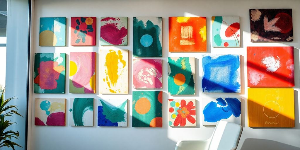 Modern office wall with colorful, abstract art pieces.