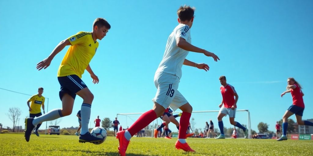 Soccer players in action on a green field.