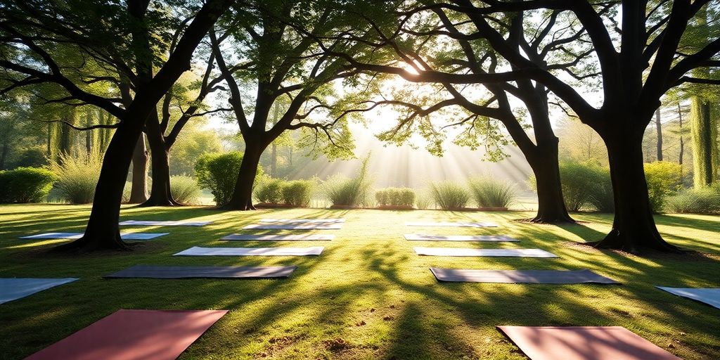 Outdoor yoga retreat with mats under trees.