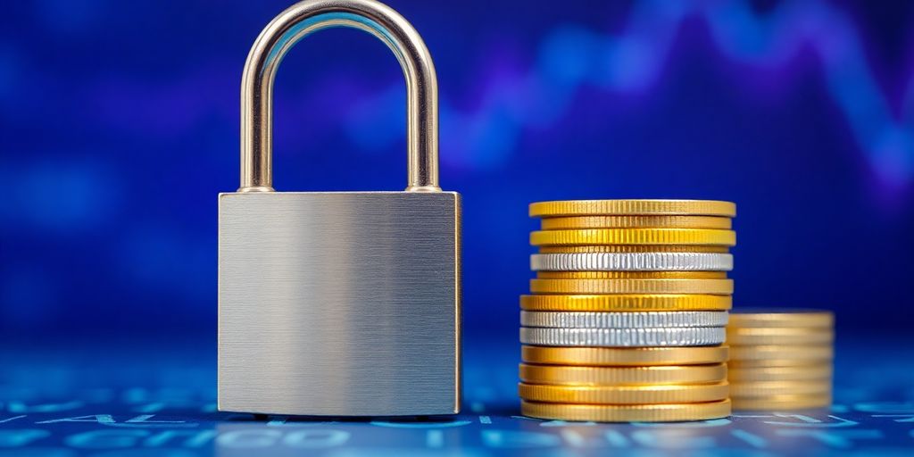 Digital padlock securing a stack of crypto coins.
