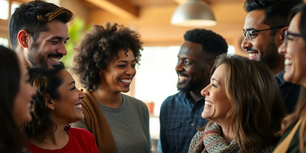 Diverse people engaging, positive expressions, group interaction.