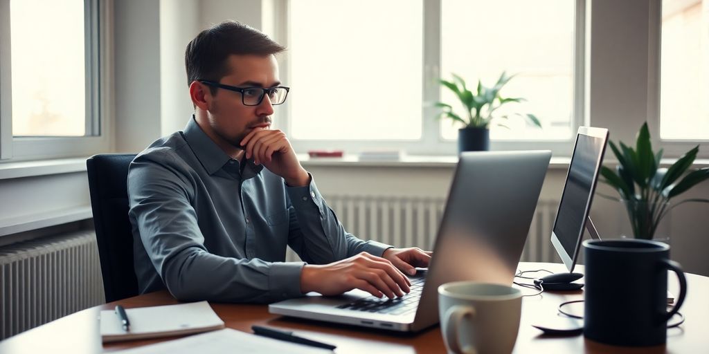 Writer at desk creating SEO content with laptop.