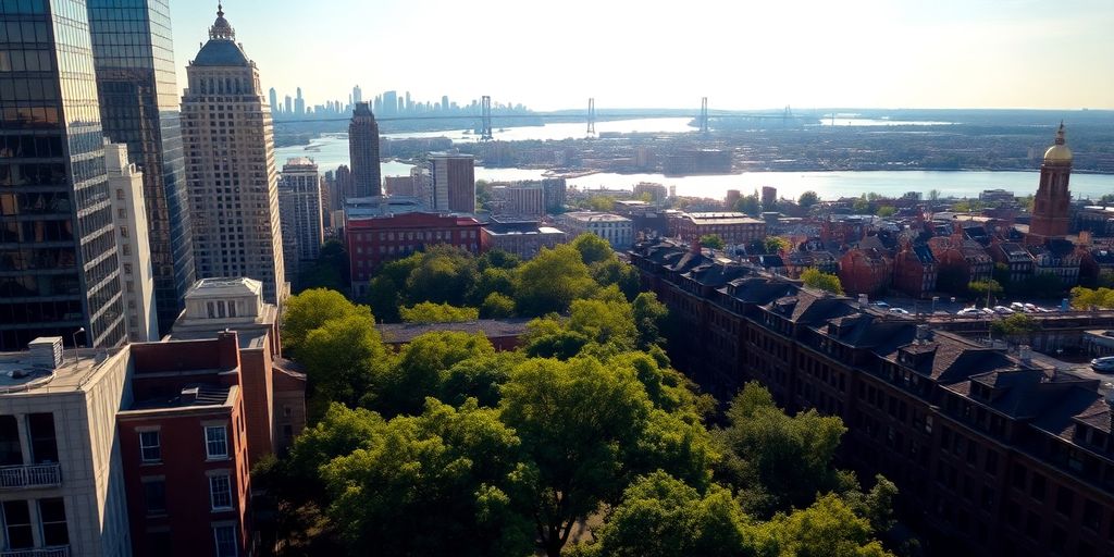 Diverse American cityscapes, buildings, parks, and rivers.