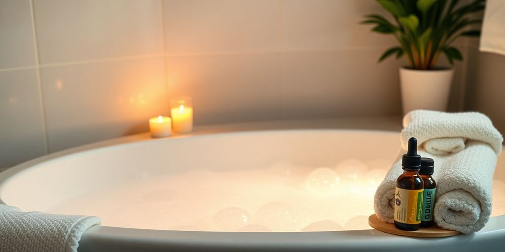 A warm bath with candles and towels in a cozy bathroom.