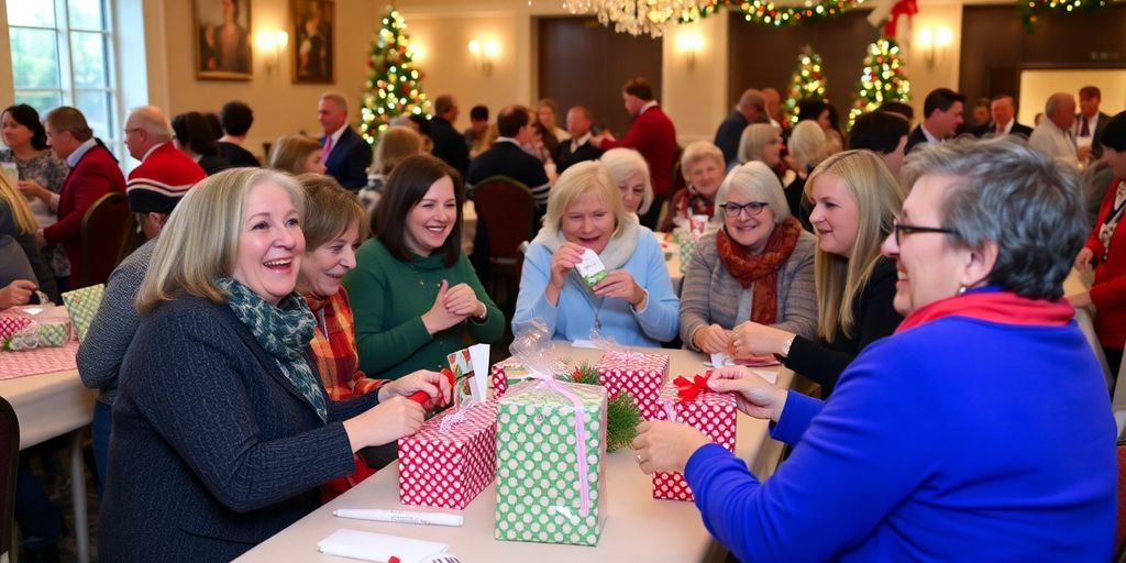 Guests engaging in charitable activities at a Christmas party.