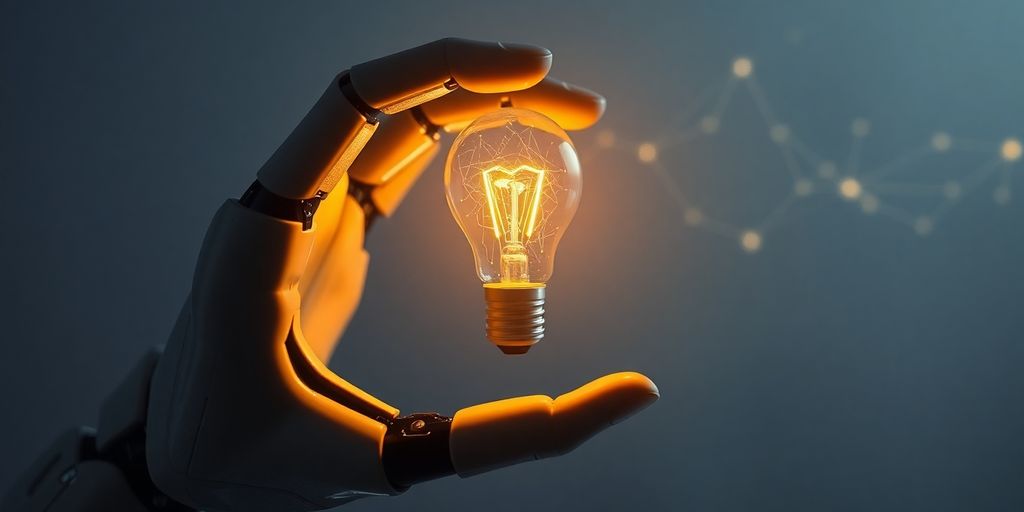 Robot hand holding glowing lightbulb.