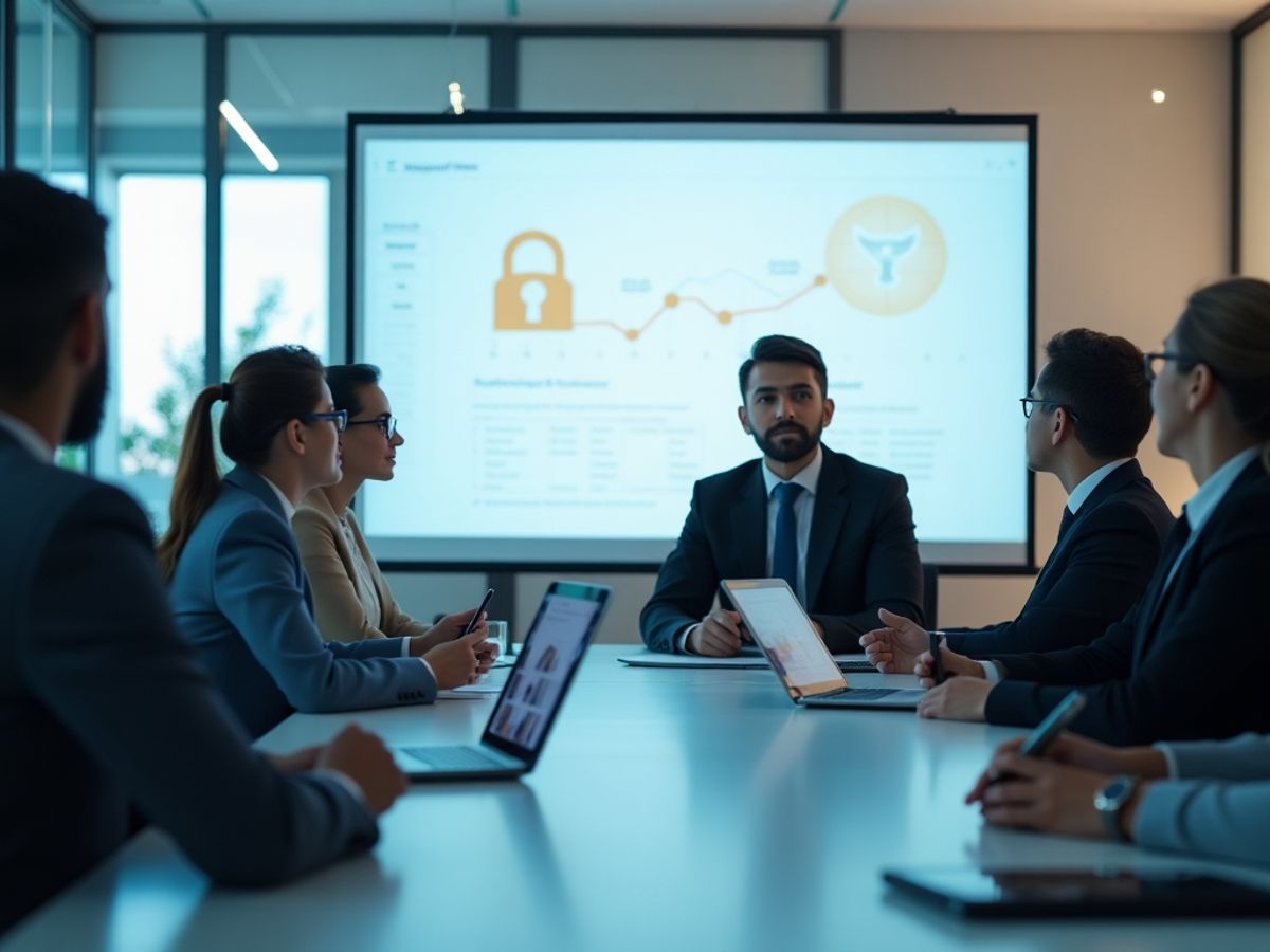 Birou modern cu oameni discutând despre protecția datelor.