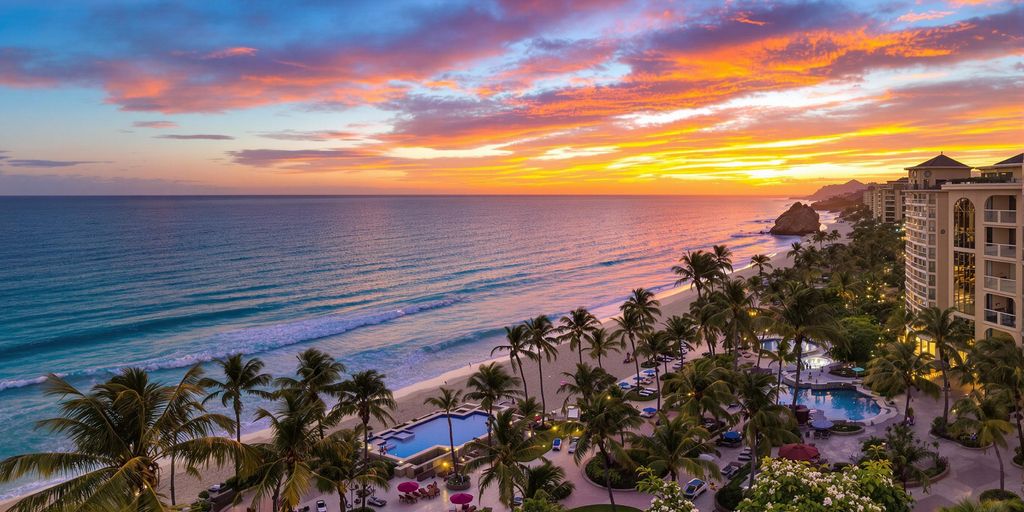 Tropical beach in Cabo with sunset and palm trees.