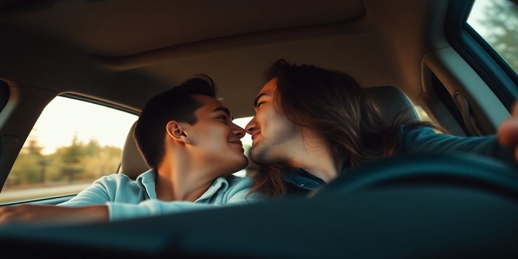 Couple enjoying an intimate moment in a car.