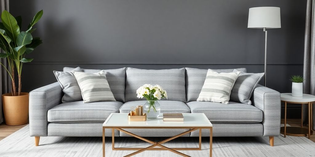 Chic living room with grey striped upholstery fabric on sofa.