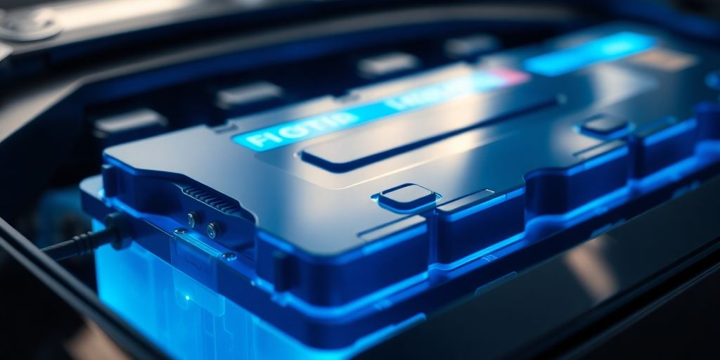 Electric car battery glowing blue inside a futuristic charging station.