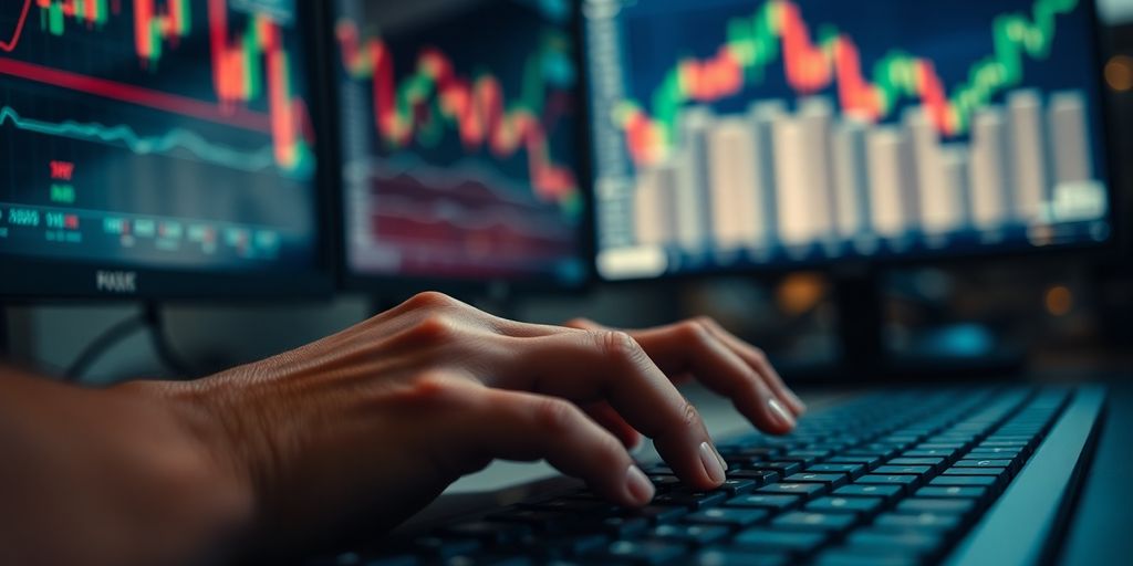 Trader's hands, screen, charts.