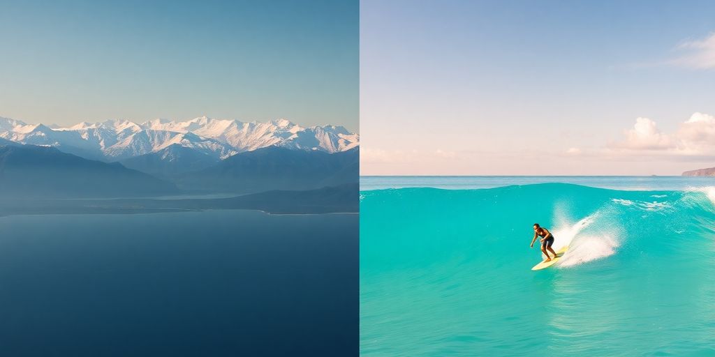 A split view of Alaskan mountains and a Maui surfer.