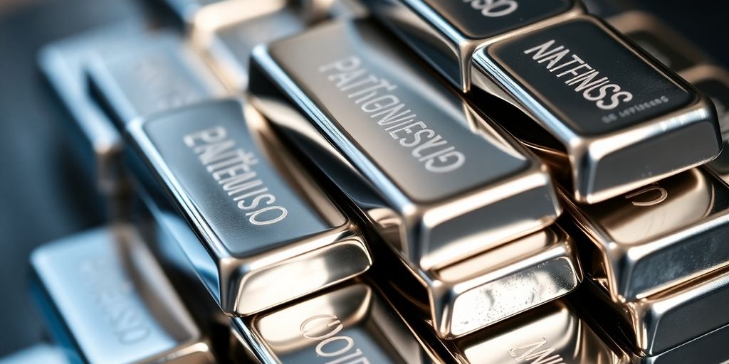 Des barres de platine brillantes empilées.