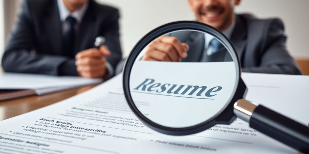 Polished resume, magnifying glass, confident professional.