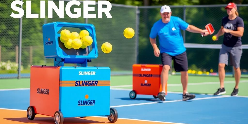 Two Slinger Pickleball machines on a court in action.